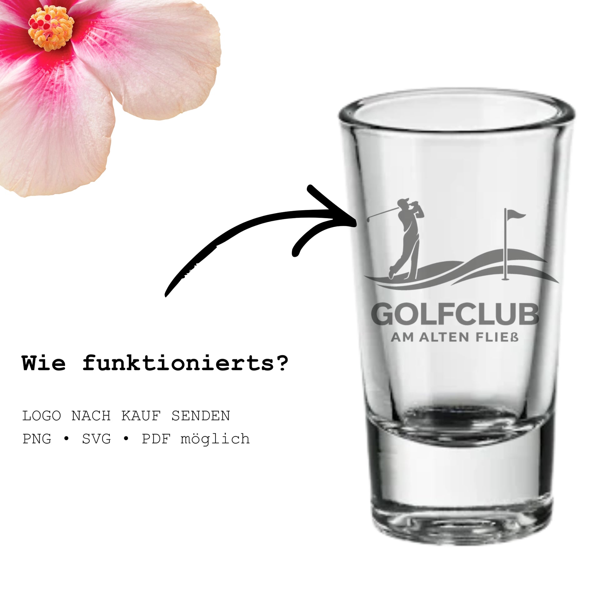 Personalisiertes Schnapsglas mit Golfclub Logo Gravur – Hinweis zur Logoübermittlung nach Kauf, PNG, SVG oder PDF möglich.