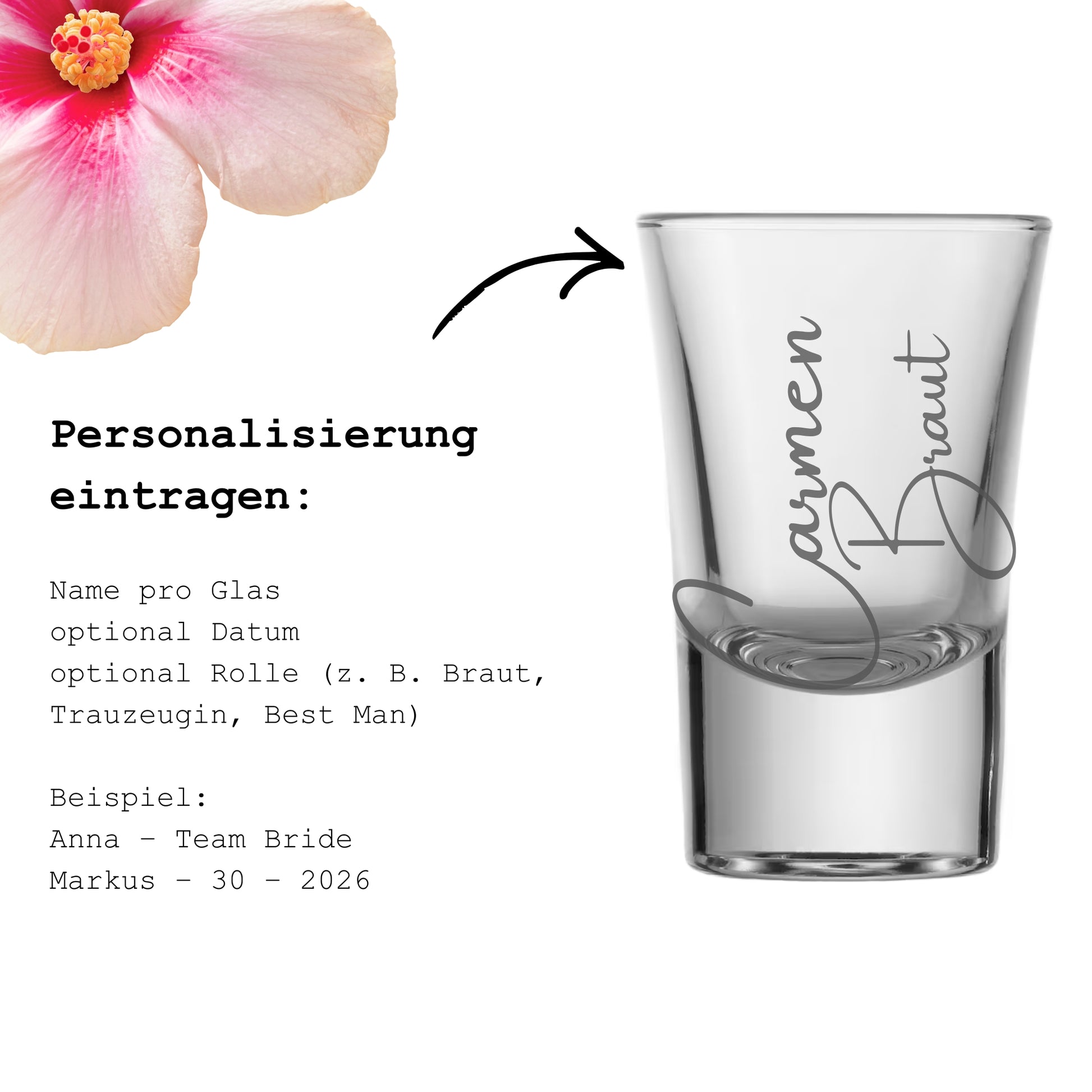 Schnapsglas Personalisierung – Name Datum Rolle eingeben – Beispiel Carmen Braut – JGA Hochzeit