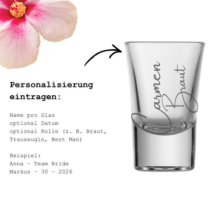 Schnapsglas Personalisierung – Name Datum Rolle eingeben – Beispiel Carmen Braut – JGA Hochzeit