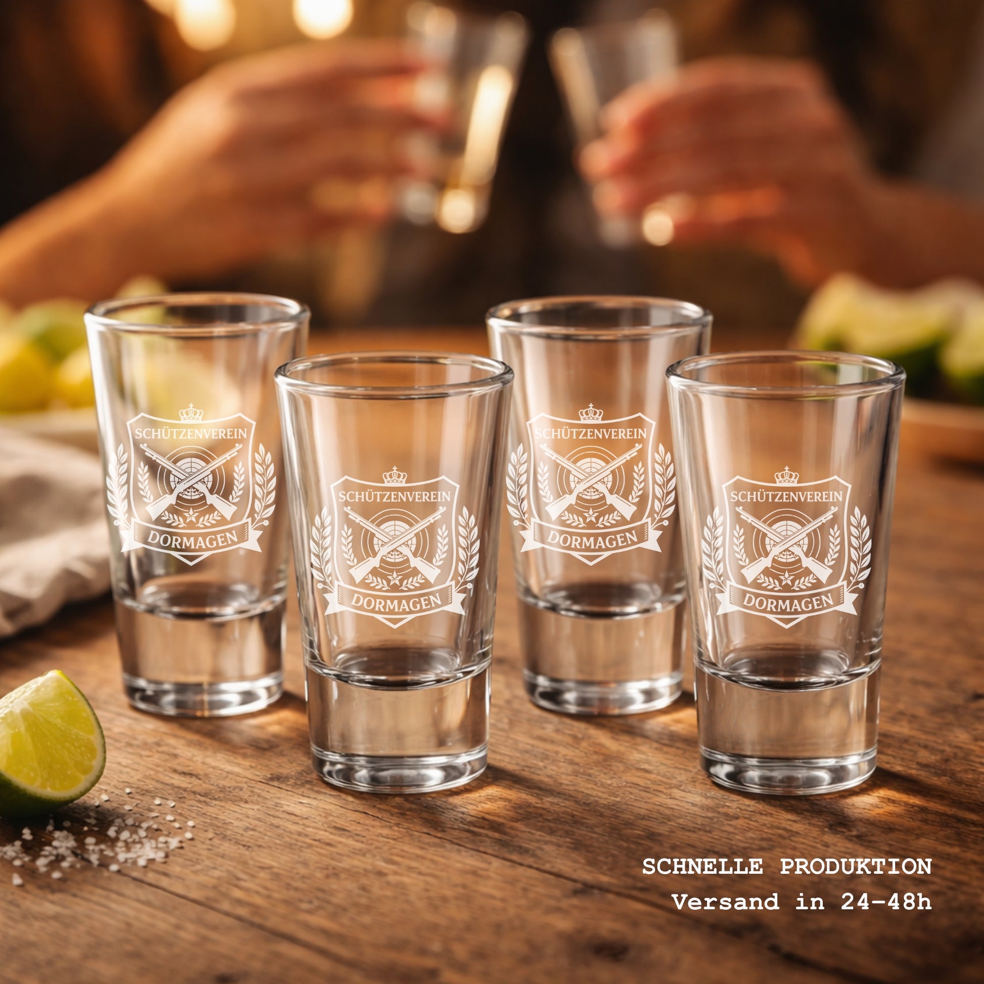 Shotgläser mit Vereinslogo Gravur „Schützenverein Dormagen“, personalisierte Schnapsgläser 2cl für Verein, Jubiläum oder Fest.