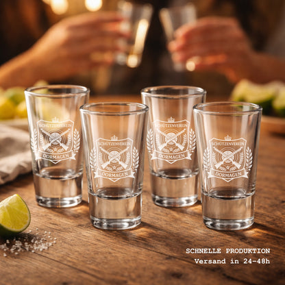 Shotgläser mit Vereinslogo Gravur „Schützenverein Dormagen“, personalisierte Schnapsgläser 2cl für Verein, Jubiläum oder Fest.