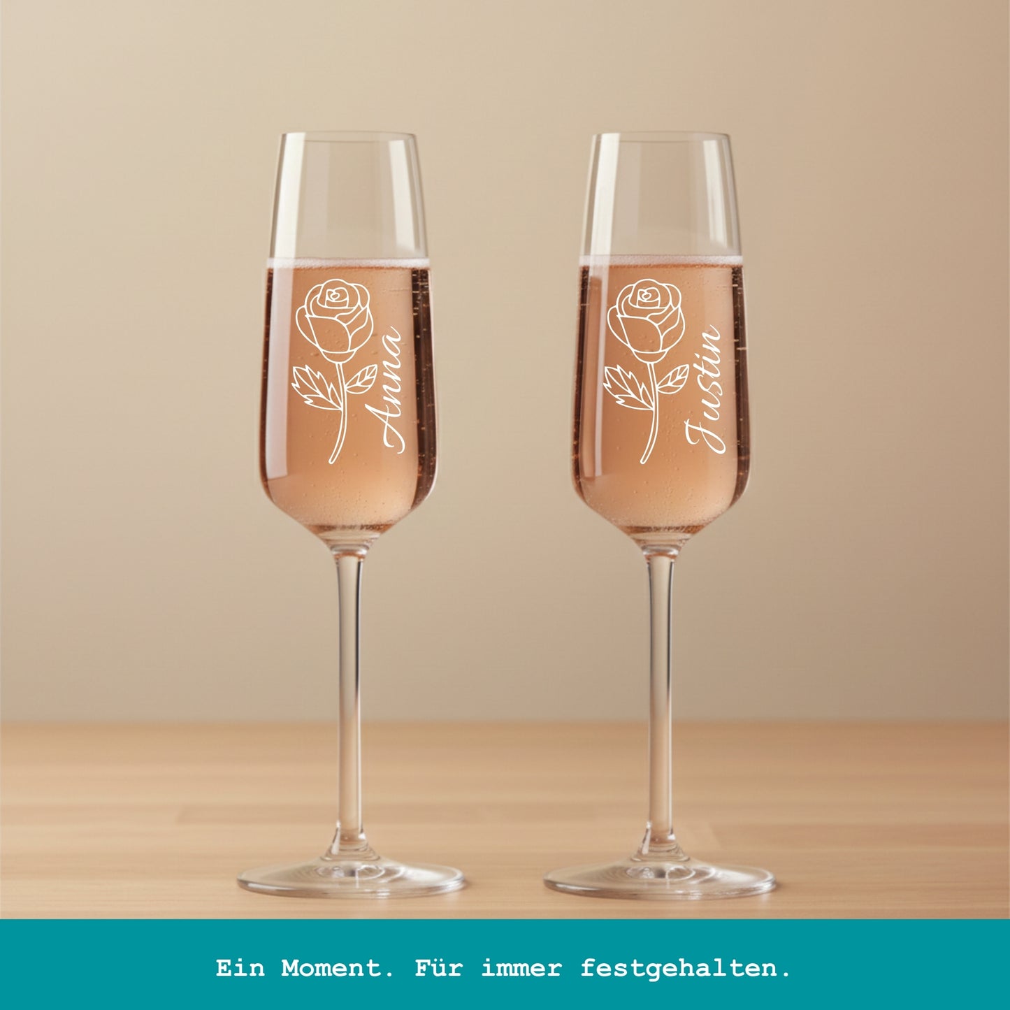 Personalisierte Sektgläser für Hochzeit mit Rosenmotiv und Namen