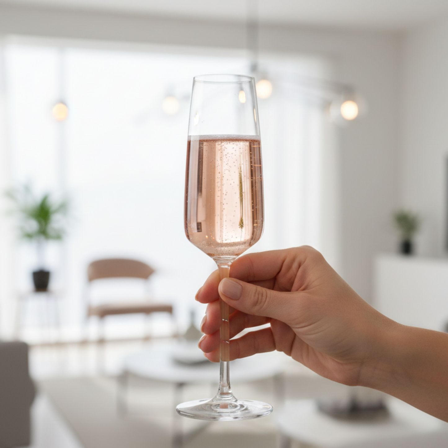Sektglas mit Logo Gravur in der Hand gehalten, personalisiertes Champagnerglas für Events oder Firmenfeiern