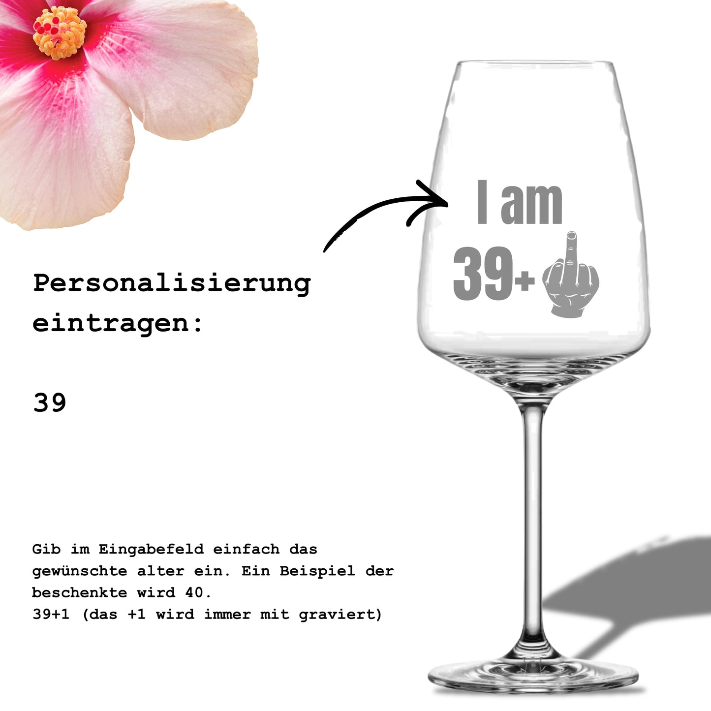 Anleitung zur Personalisierung eines Weinglases mit Gravur „I am 39+“
