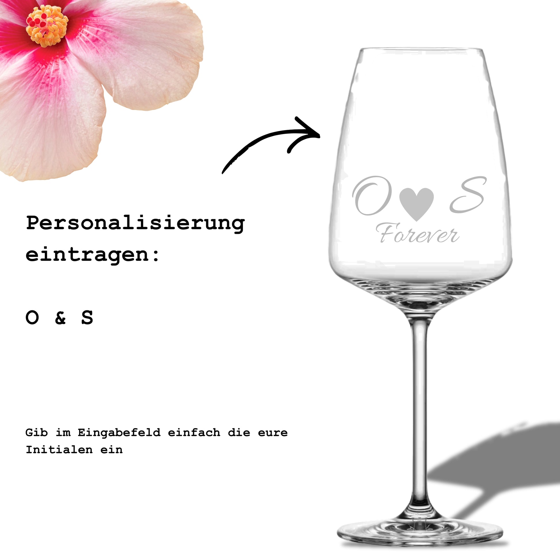 Personalisierungsbeispiel für Weinglas mit Initialen O und S und Schriftzug Forever