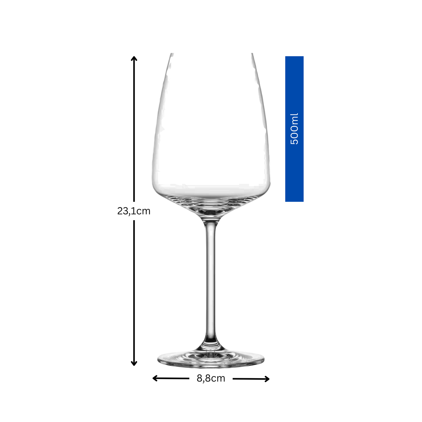 Weinglas Maße – 23,1 cm Höhe, 8,8 cm Durchmesser, 500 ml Füllmenge