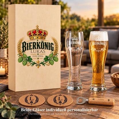 Personalisiertes Bierkönig-Geschenkset mit Holzbox und zwei Weizengläsern für Lukas