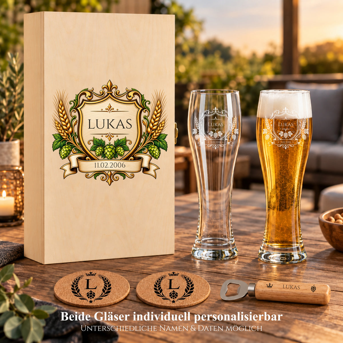 Bier-Geschenkset mit Wappen-Holzbox und zwei personalisierten Weizengläsern mit Name Lukas