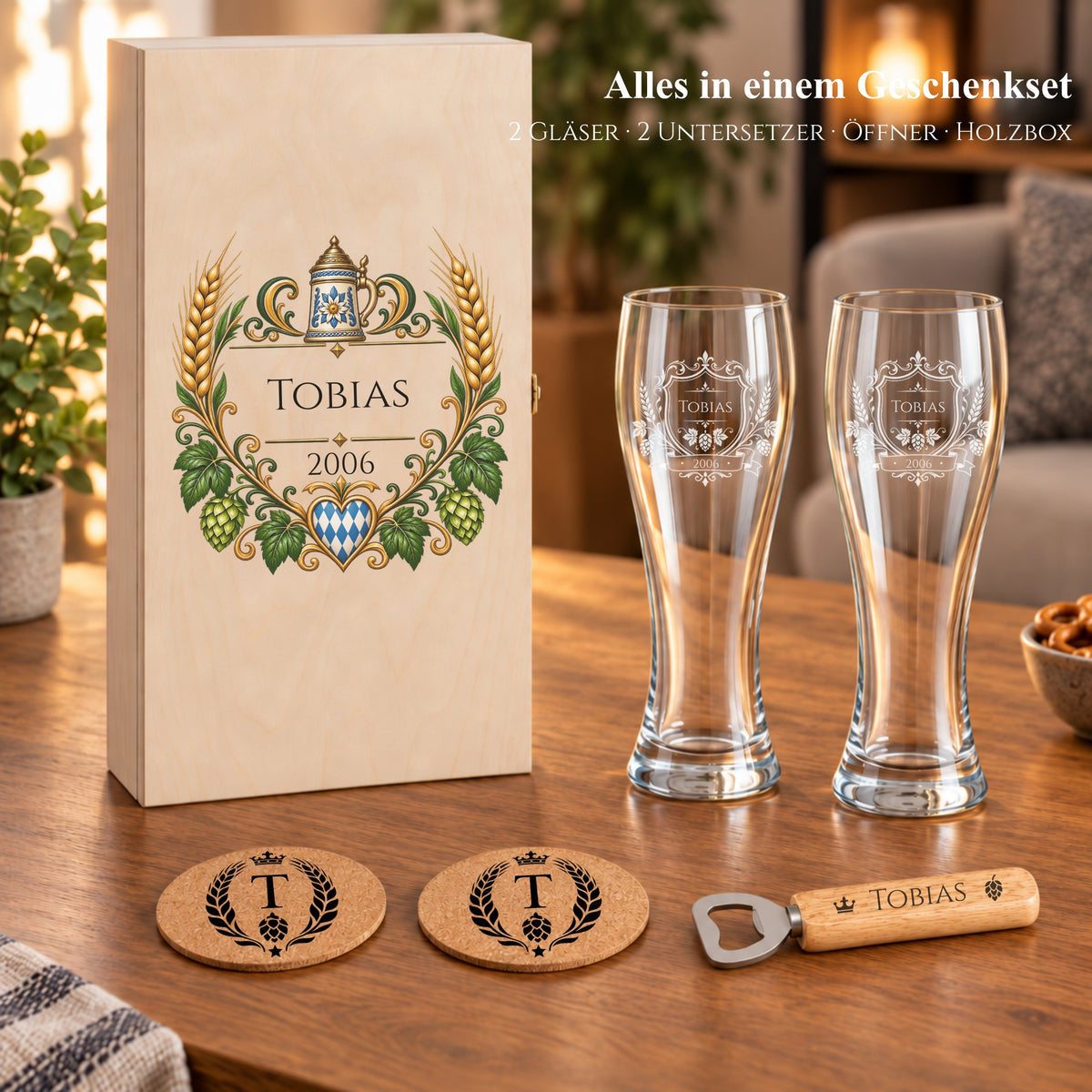 Bier-Geschenkset mit gravierter Holzbox und zwei Weizengläsern für Tobias